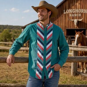 Longhorn Niver Western Wear Shirt Medium Green Aztec Southwestern Cowboy USA